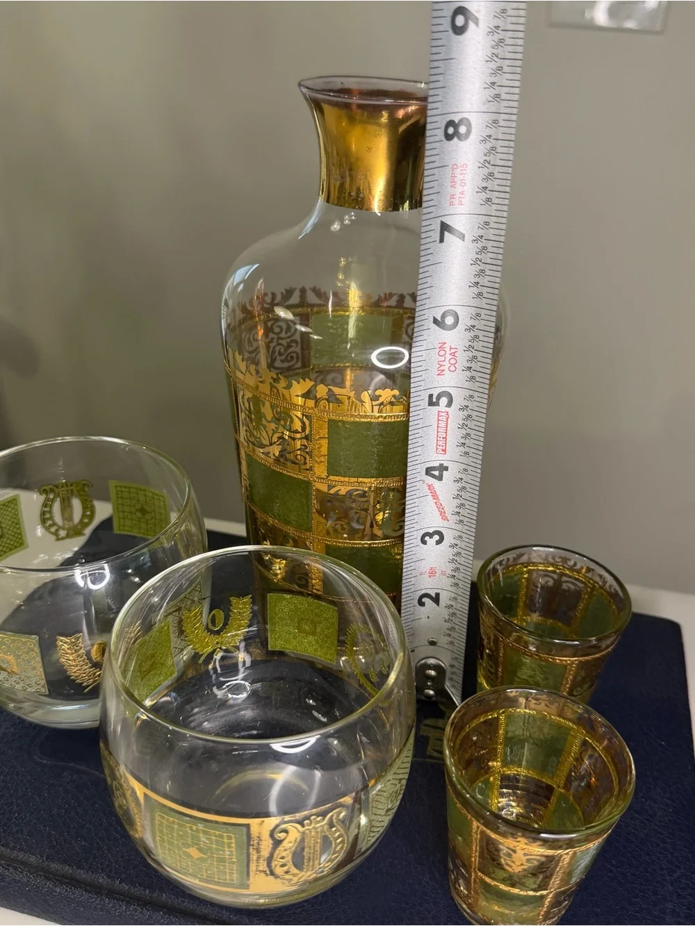 Vintage mid century modern Culver Prado Green and 22k gold Glass Decanter Set